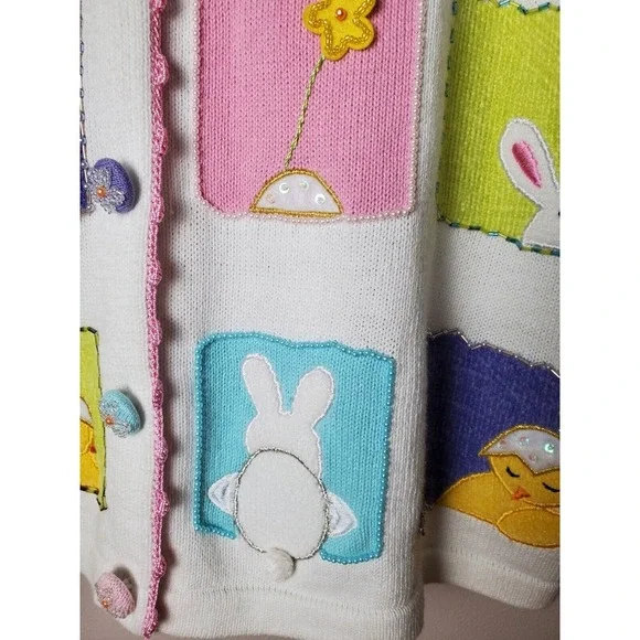 Read Berek Easter Bunny Chicks Flowers Spring Sweater 1XL Whimsical Novelty - Picture 2 of 13